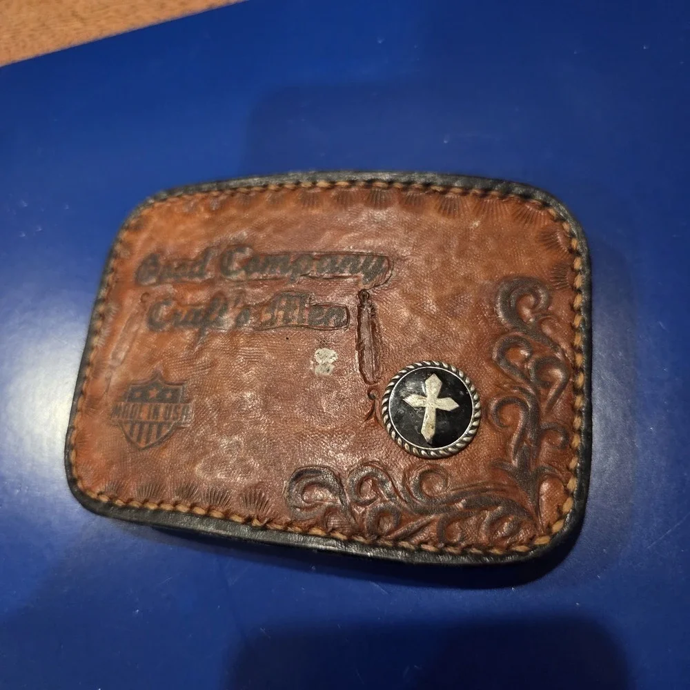 Brad Company Craft's Den Tooled Leather Belt Buckle with Cross Concho USA